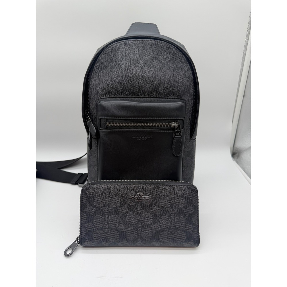 Coach West Pack Sling Bag Signature Canvas and Zip Wallet Set Charcoal Black